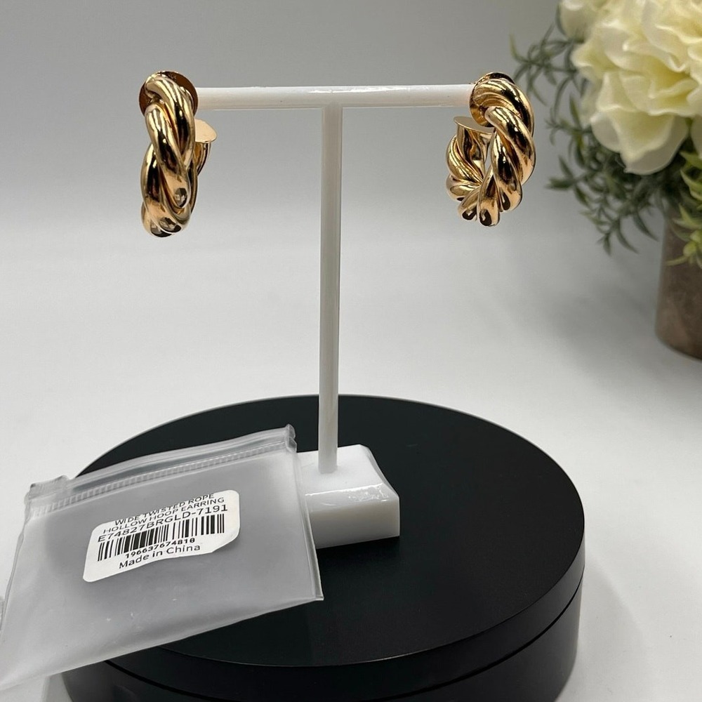 Adina Anthro Signed Designer Wide Twisted Chunky‎ Gold Tone Hoop Earrings New